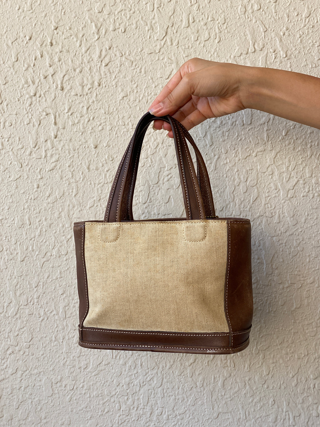 Rare Vintage Coach B9C-6120 Tan Canvas & Brown Leather Small Tote Handbag 90s Mini Satchel Purse