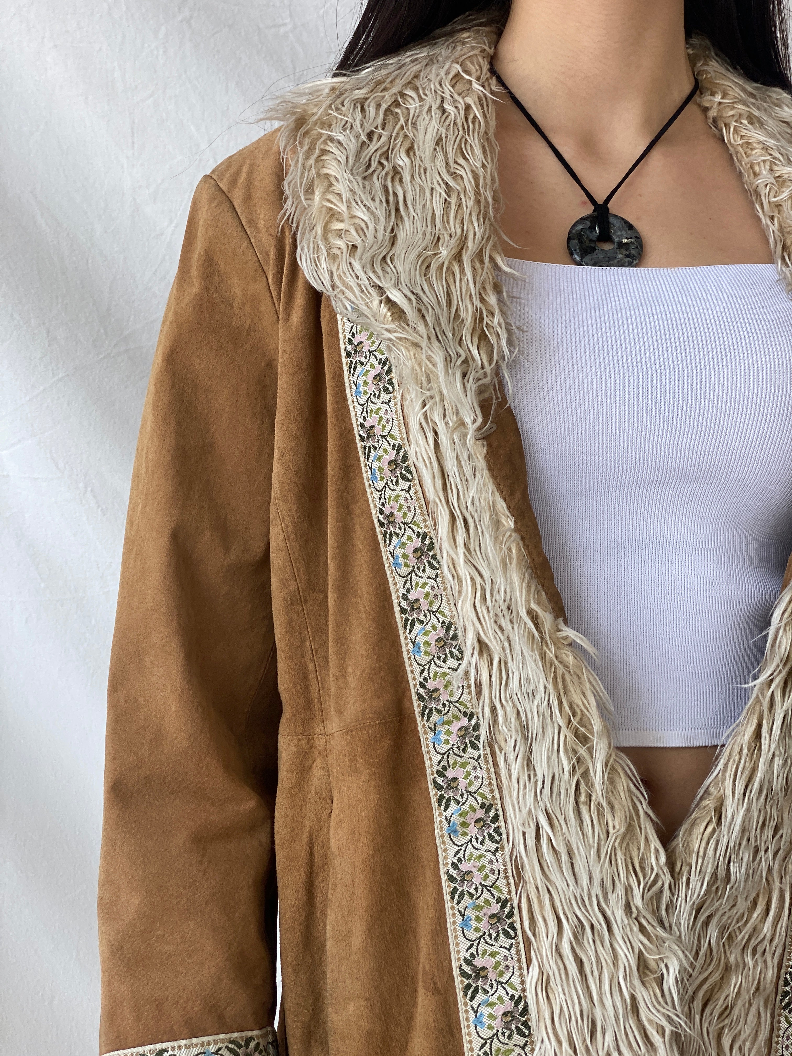 Vintage Y2K Xhilaration Genuine Suede Penny Lane Afghan Style Fur-Lined Floral Embroidered Coat - XL