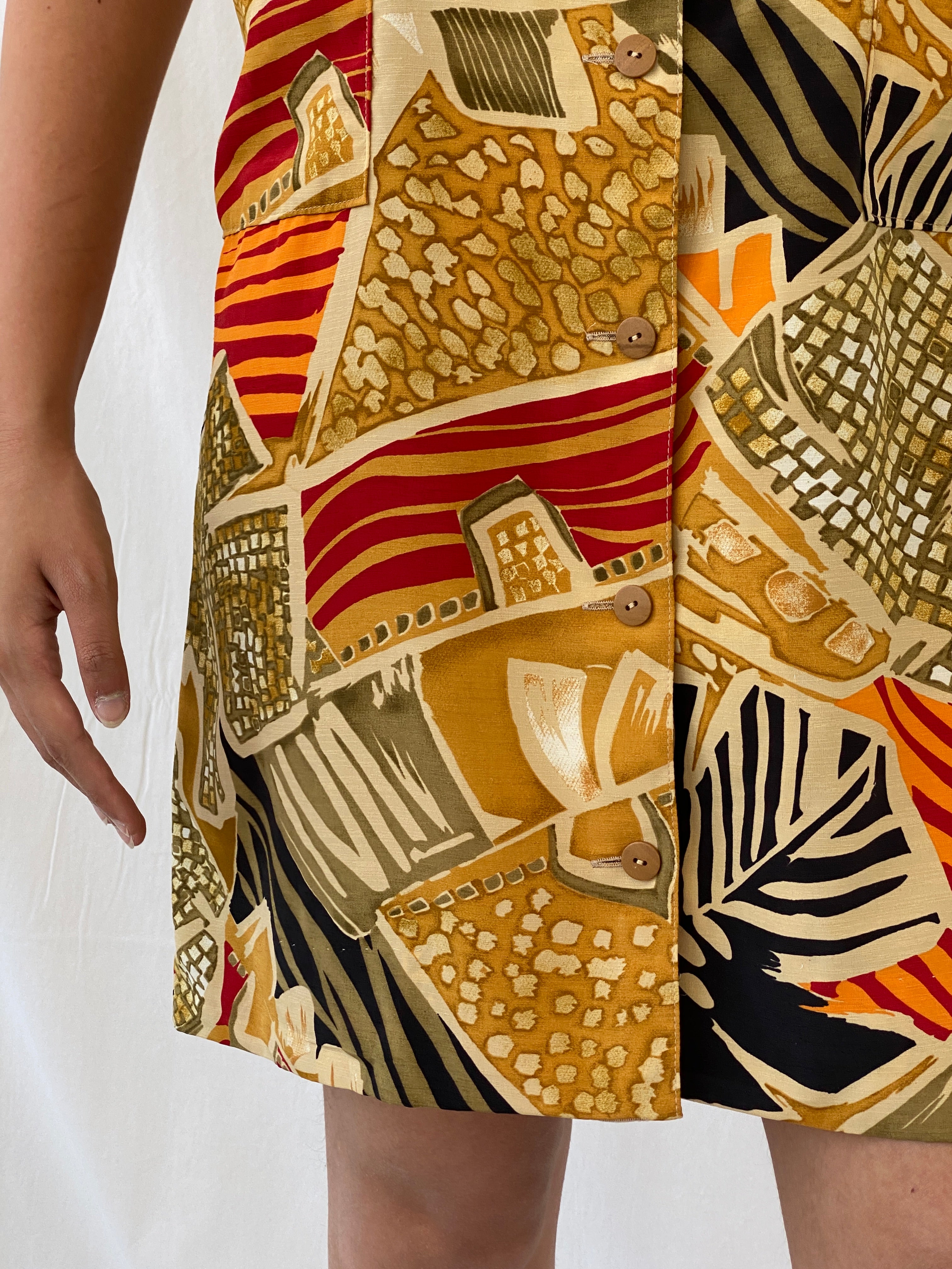 Vintage Handmade Abstract Hawaiian Button Up Knee Length Orange Yellow Dress - M