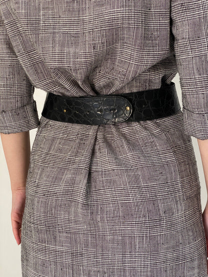 Vintage Croc Embossed Leather Statement Belt with Oversized Silver Buckle