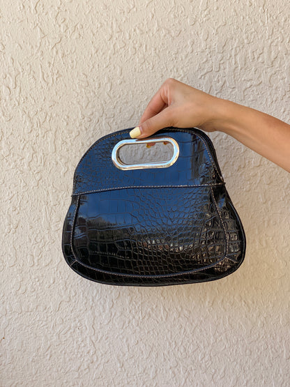Vintage Nine West Croc-Embossed Faux Patent Leather Black Clutch Bag with Cutout Handle