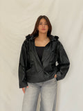 Vintage Black Leather Hooded Jacket with Suede Panels & Faux Fur Trim 90s Italian Style Bomber - L