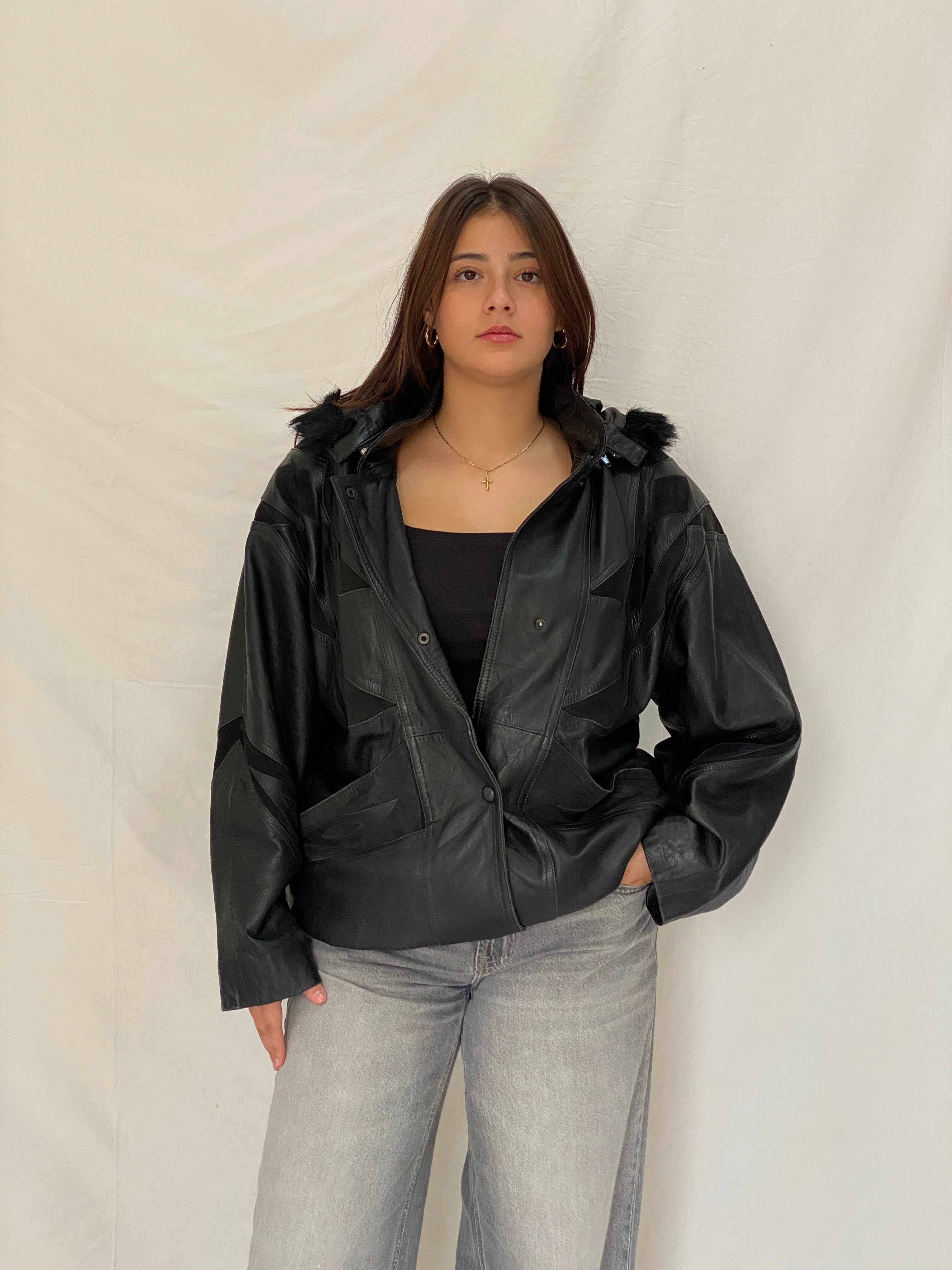 Vintage Black Leather Hooded Jacket with Suede Panels & Faux Fur Trim 90s Italian Style Bomber - L