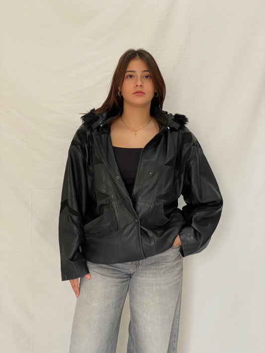 Vintage Black Leather Hooded Jacket with Suede Panels & Faux Fur Trim 90s Italian Style Bomber - L