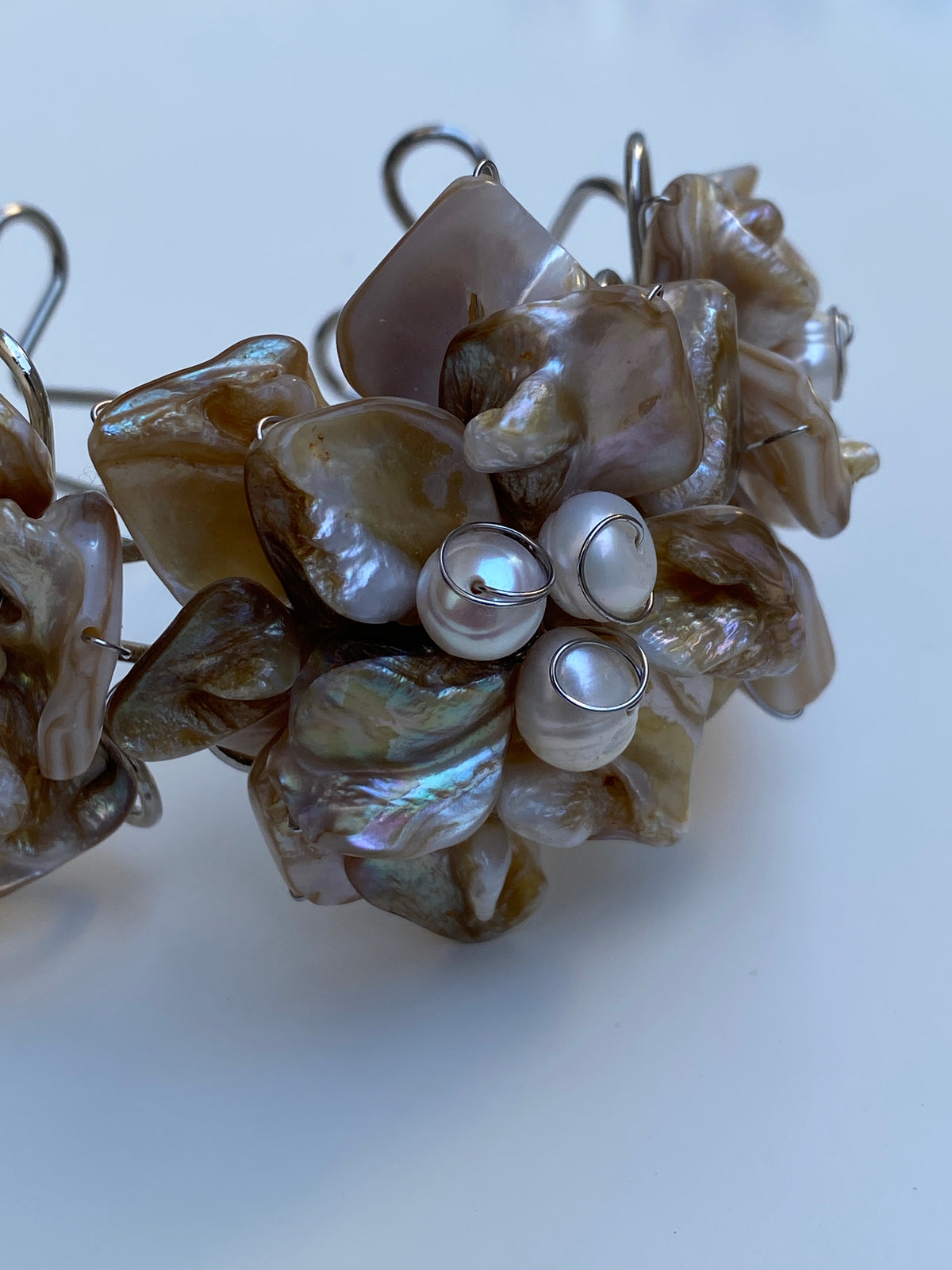Vintage Mother of Pearl Cluster Cuff Handmade Artisan Shell Bracelet Vintage Mother of Pearl Cluster Cuff Handmade Artisan Shell Bracelet