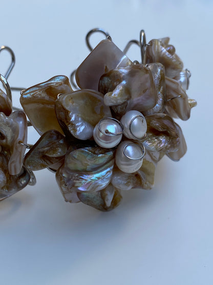 Vintage Mother of Pearl Cluster Cuff Handmade Artisan Shell Bracelet