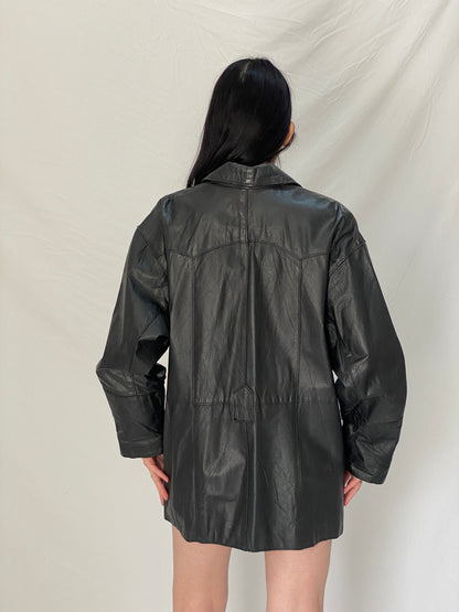 Vintage 90s Genuine Leather Moto Jacket Black Oversized Biker Coat - XL