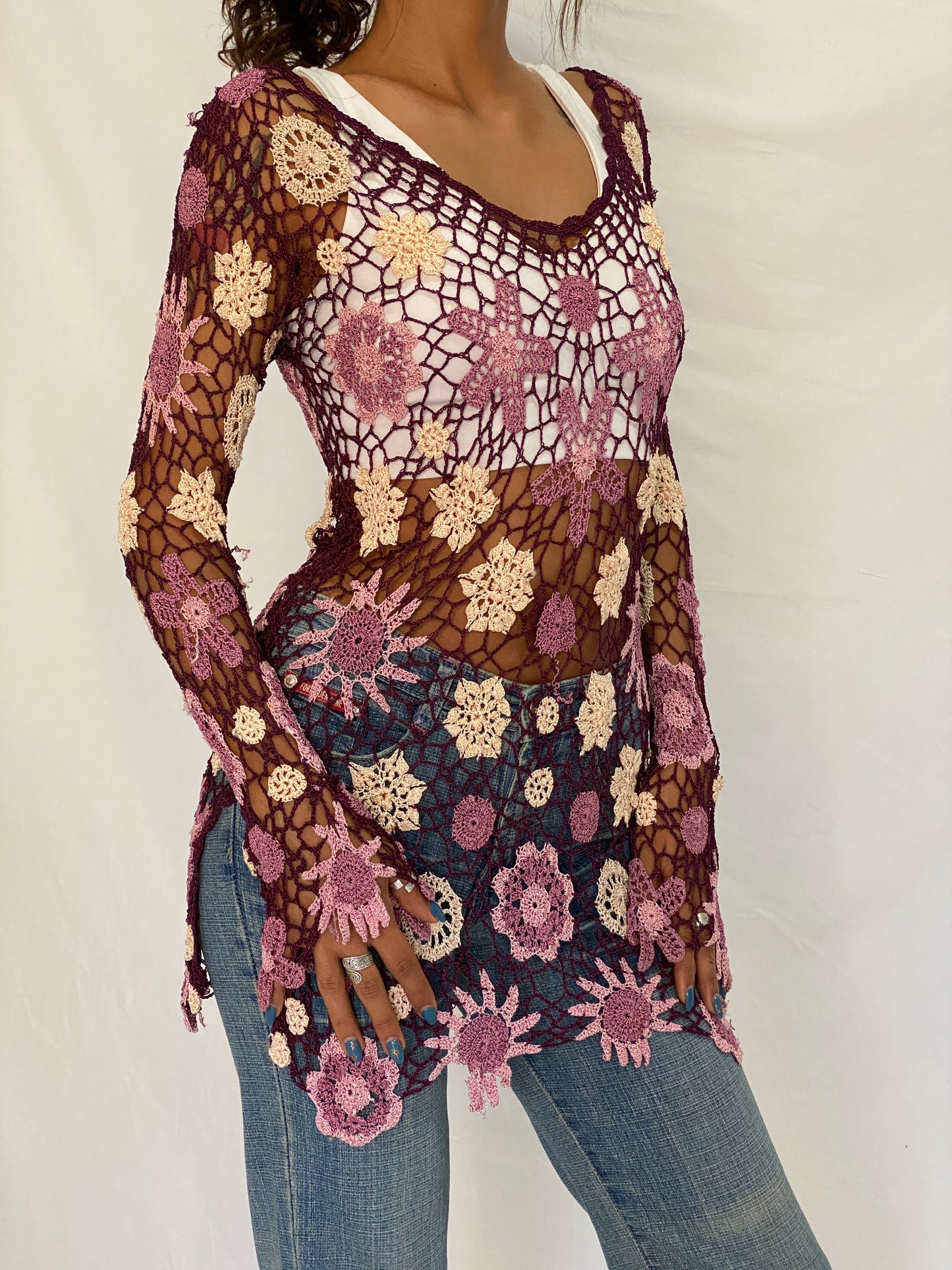 Y2K Floral Crochet Cover-Up Purple & Pink Festival Top – Free Size
