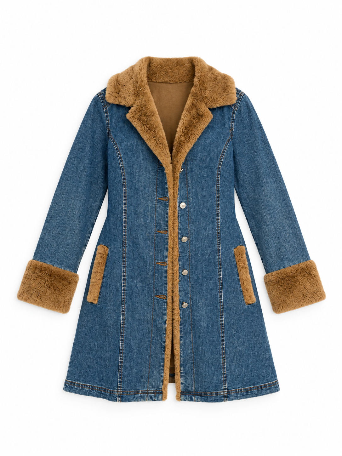 Y2K Luckystars Heavy Denim Coat with Brown Faux Fur Lining – L