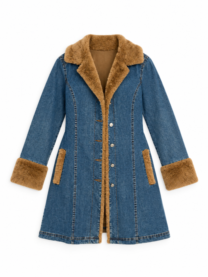 Y2K Luckystars Heavy Denim Coat with Brown Faux Fur Lining – L