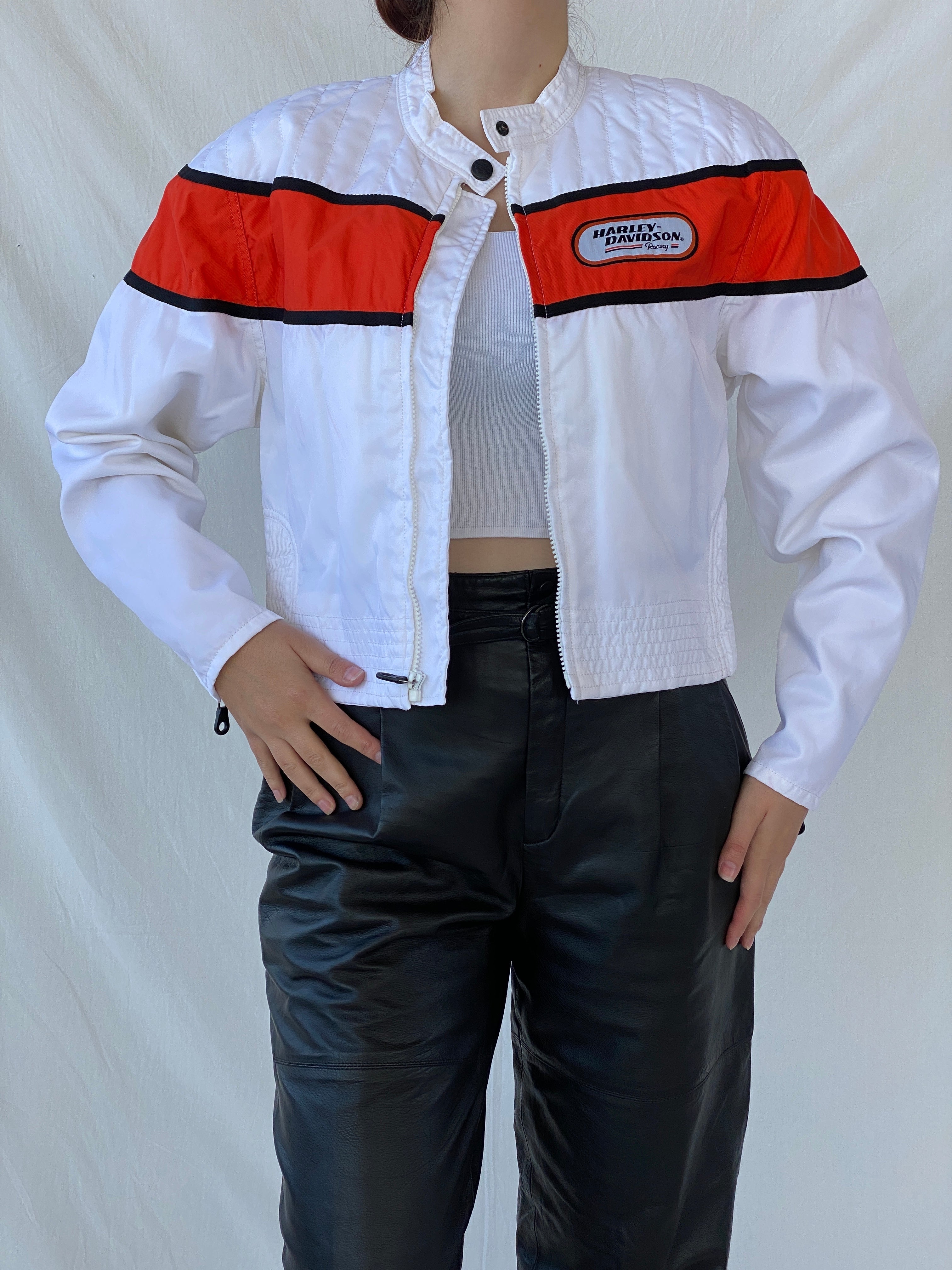 Vintage Harley Davidson Cropped Racing Bomber Jacket White & Orange Motorcycle Streetwear - L