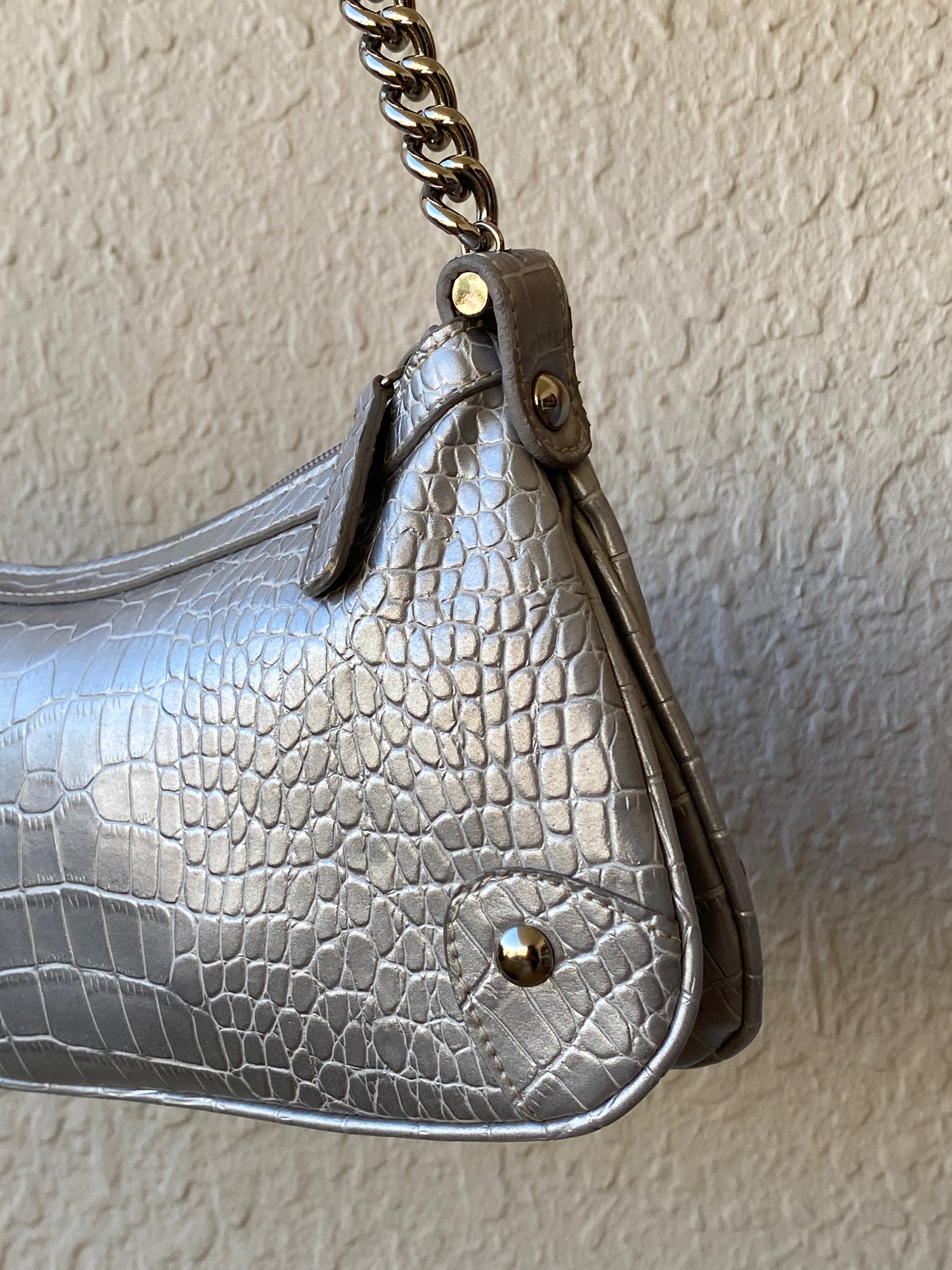 Nine West Silver Croc Embossed Shoulder Bag – Y2K Chain Strap Purse