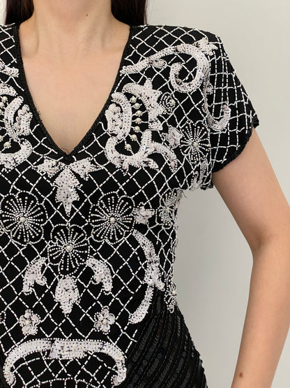 Vintage 80s Laurence Kazar Black & White Silk Beaded Sequin Cocktail Dress - M