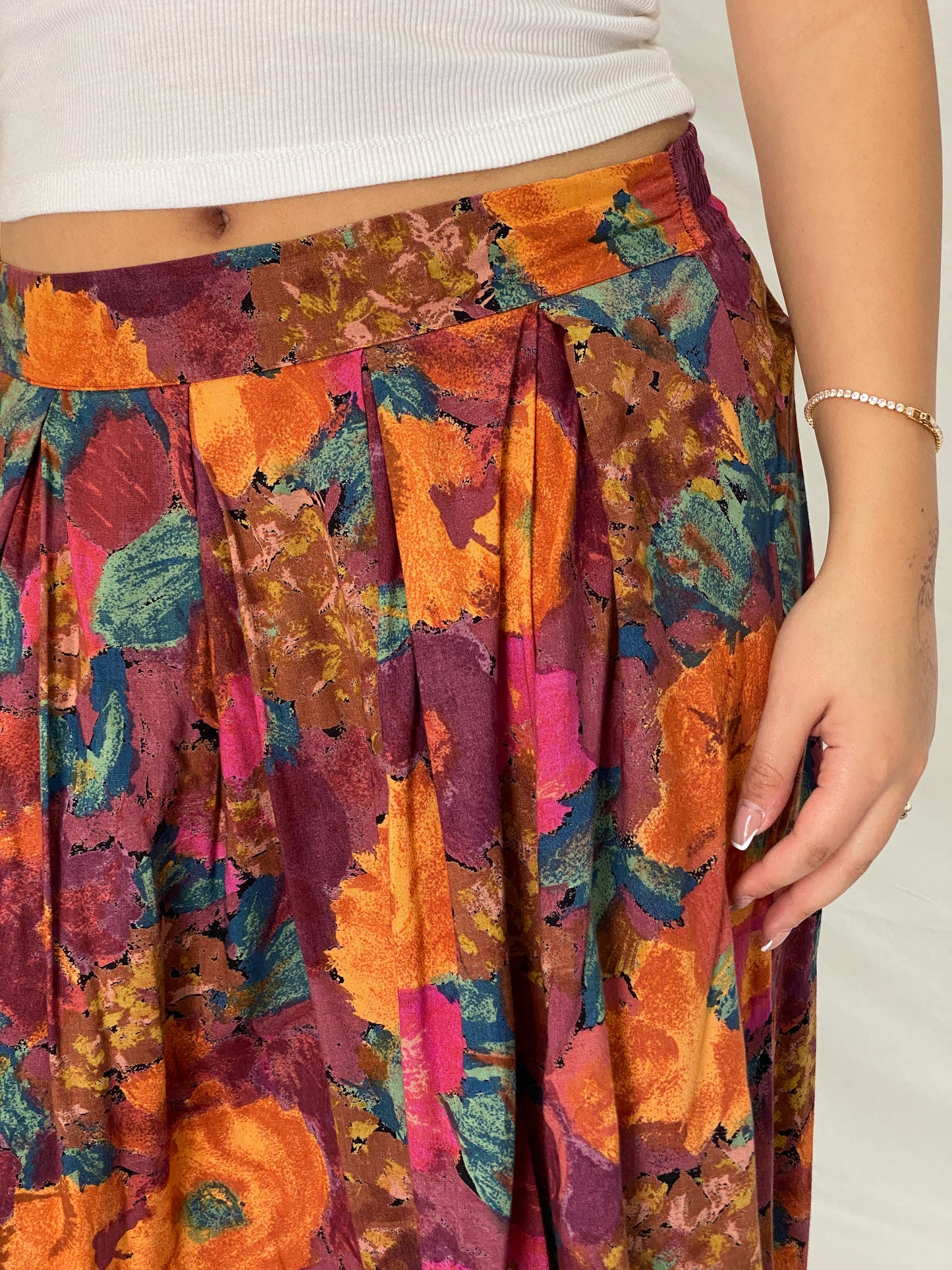 Vintage 90s George Floral Orange Multicolor Pleated Midi Skirt – L