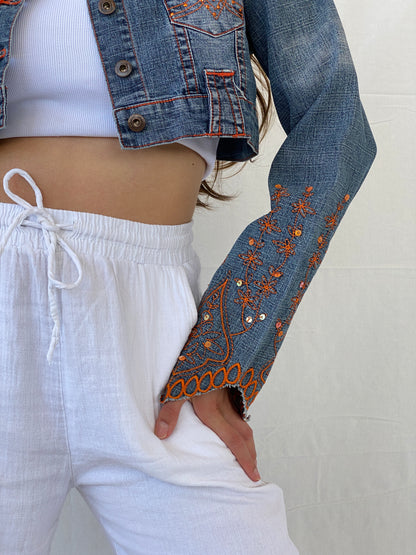 Vintage Y2K Apollo Jeans Cropped Denim Jacket With Orange Embroidery Details - M