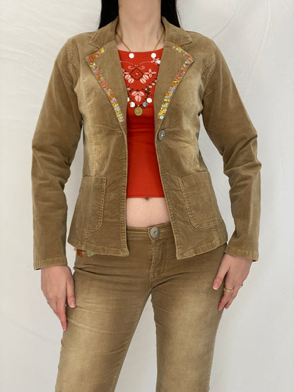 Y2K No Body Classic Fashion Brown Corduroy Jacket & Flared Pants Set with Sequin Trim - M