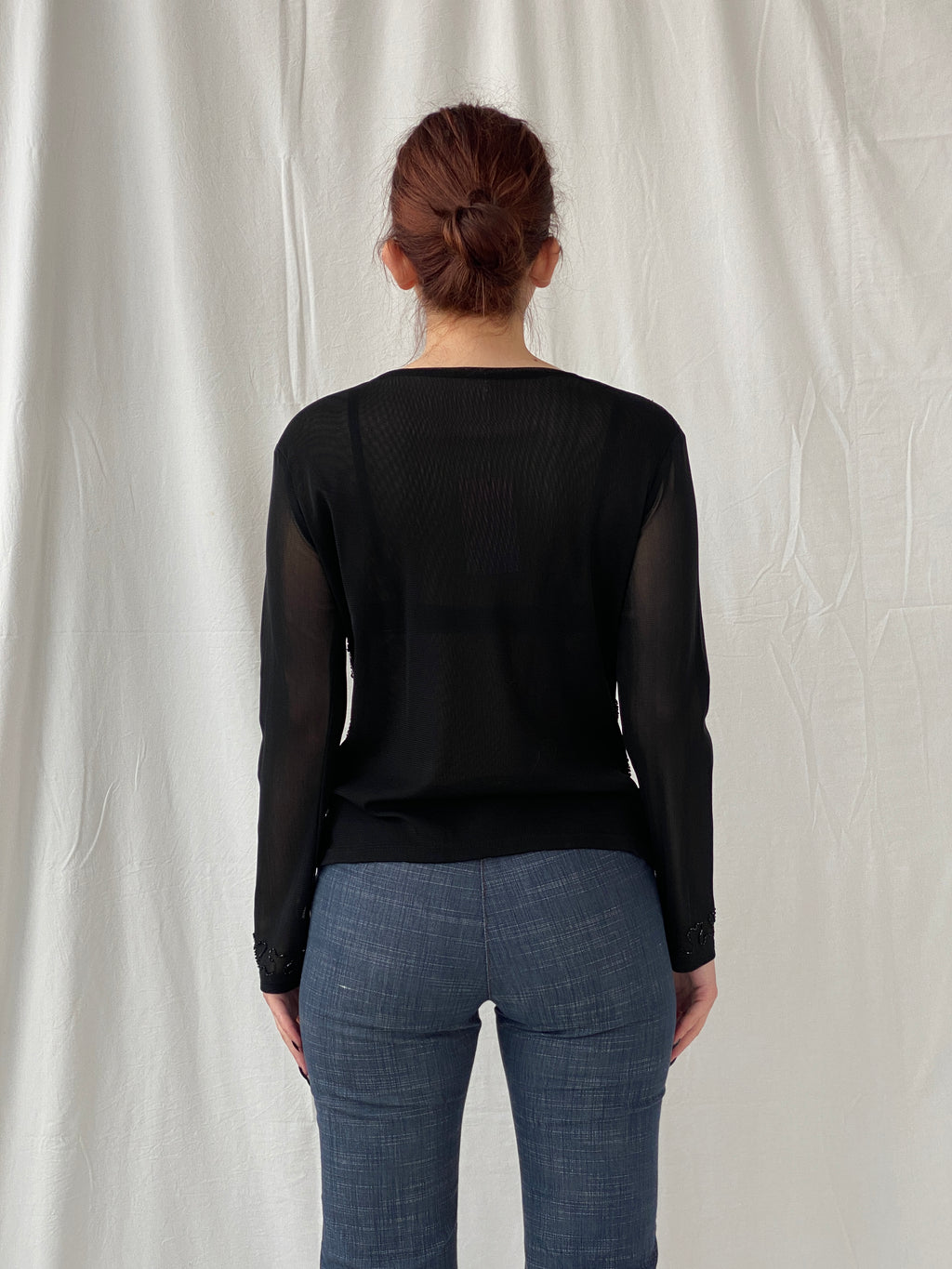 Y2K Black Sequin Chiffon Semi Sheer Dressy Black Women’s Top - M