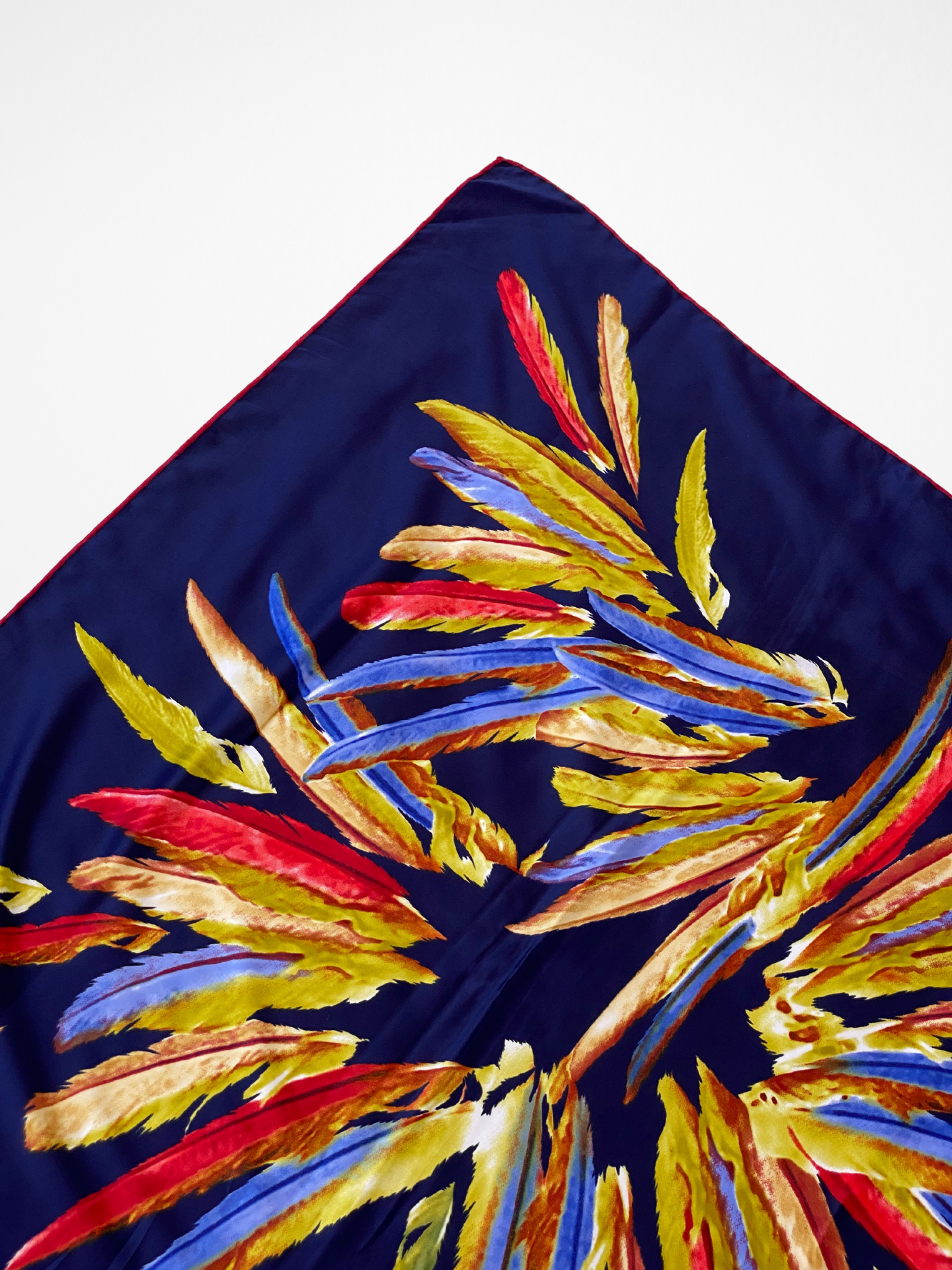 Beautiful Lora West Navy Vibrant Abstract Feather Satin Square Scarf