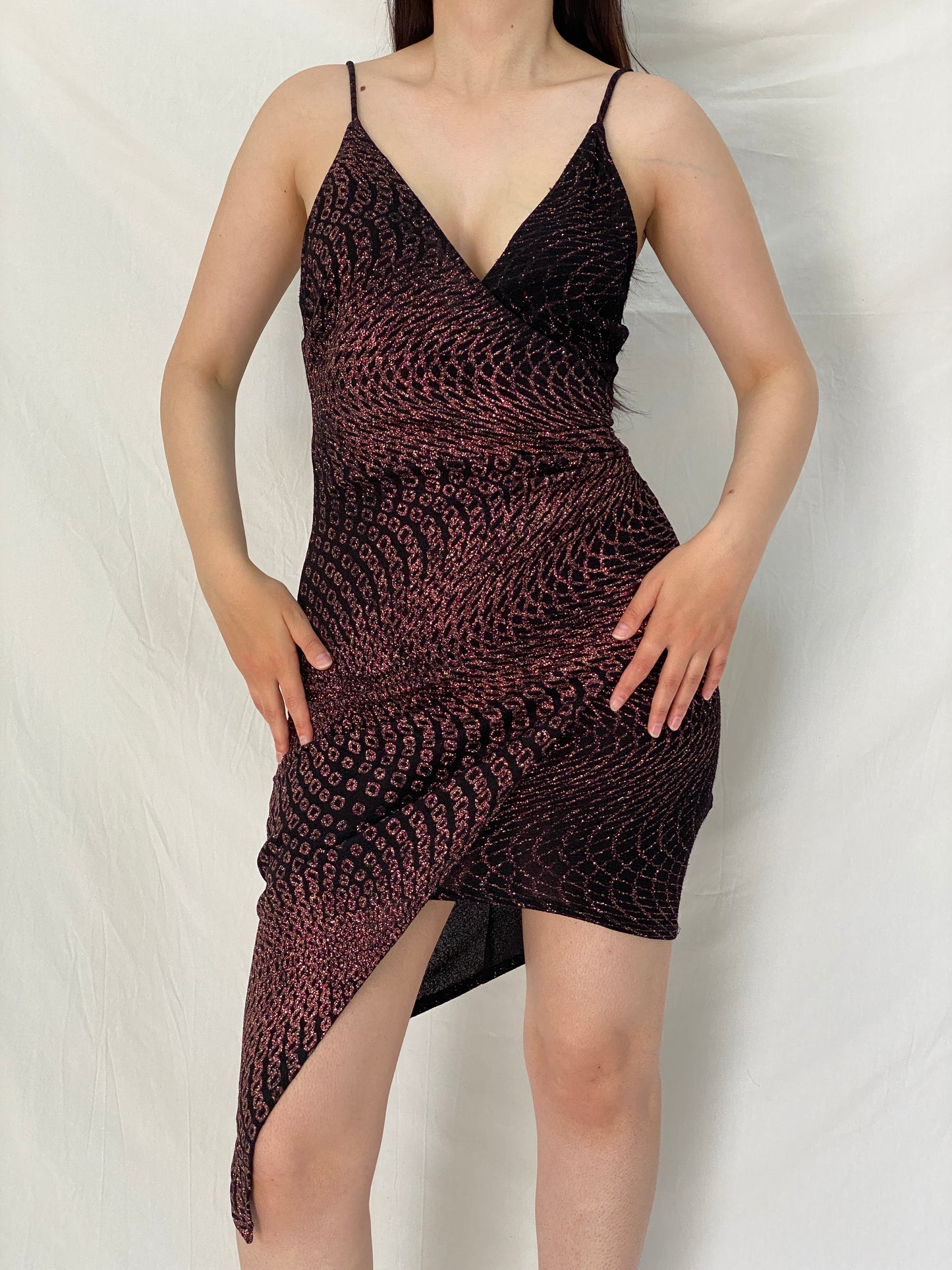 Vintage Monaco Black & Burgundy Glitter Asymmetric Party Dress - M