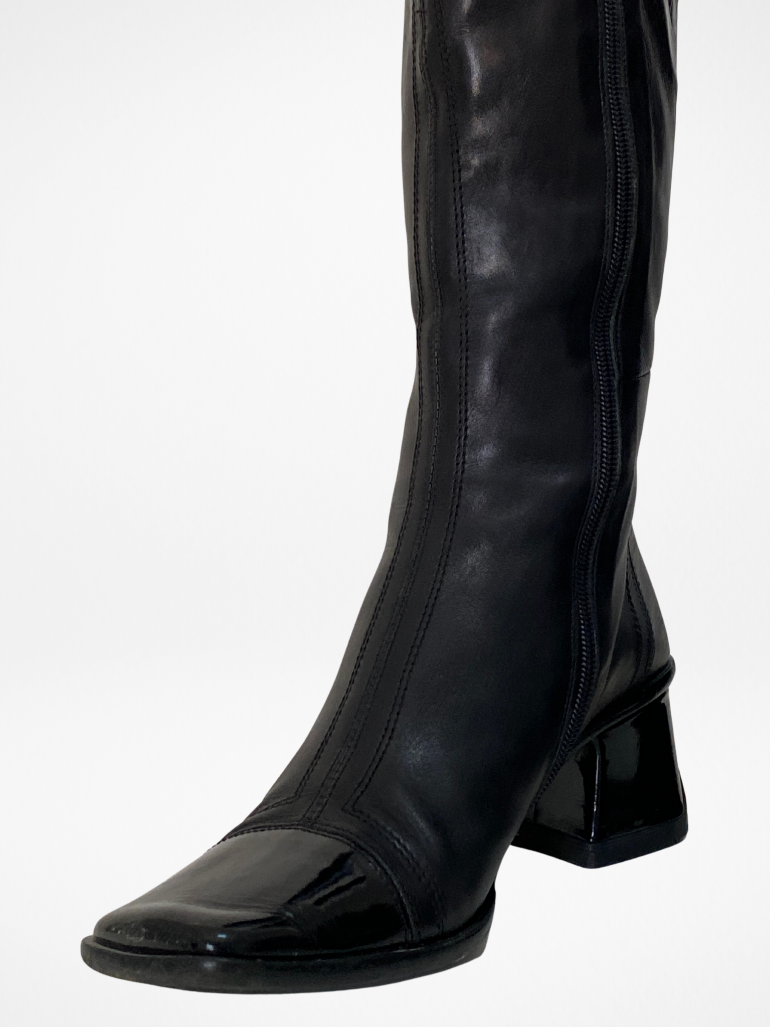 Vintage JOA Italian Black Leather Patent Block Heel & Square Toe Mid-Calf Boots - 36EU