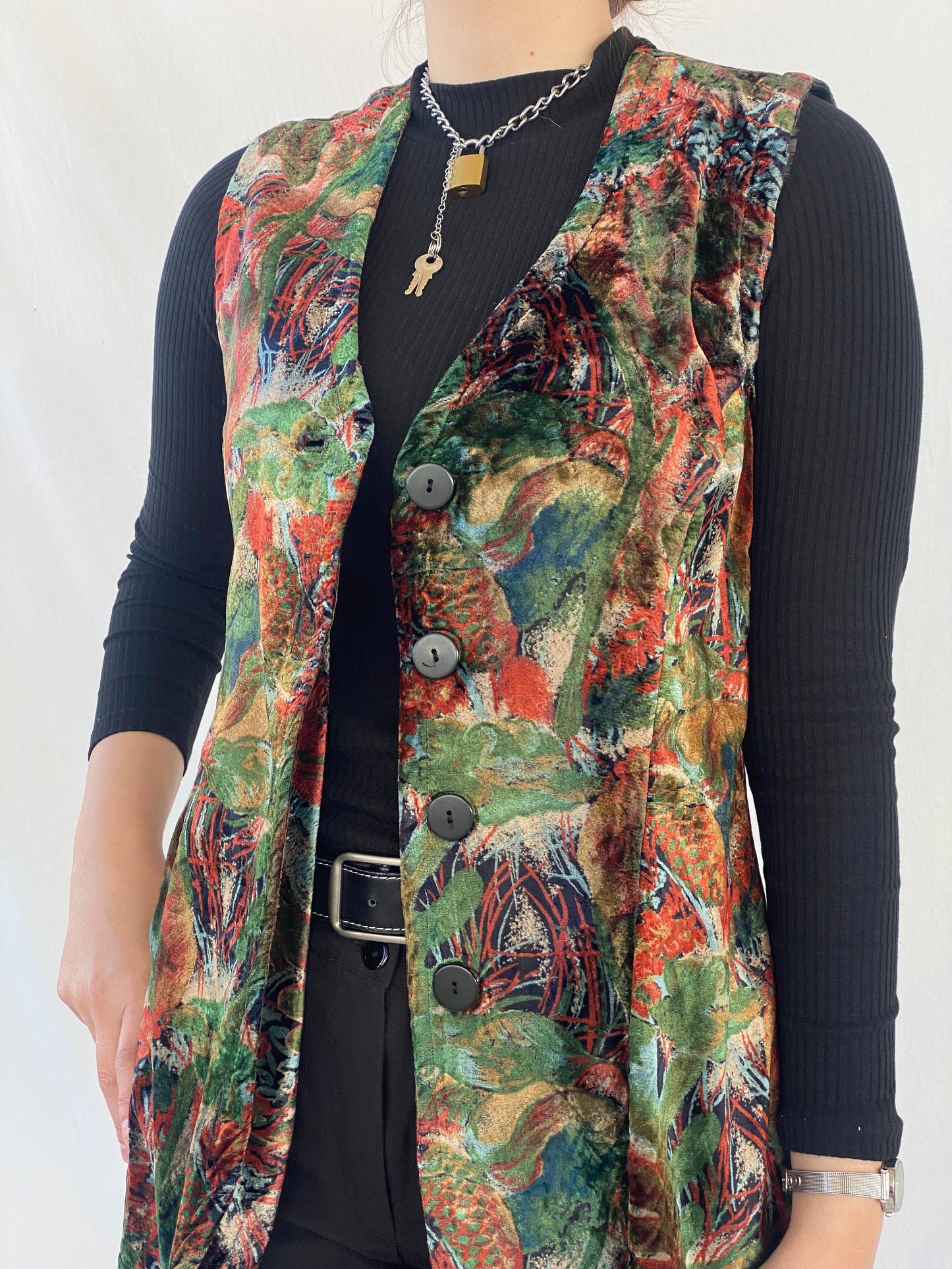 Vintage 90s Floral Orange & Green Velvet Buttoned Long Vest - XL