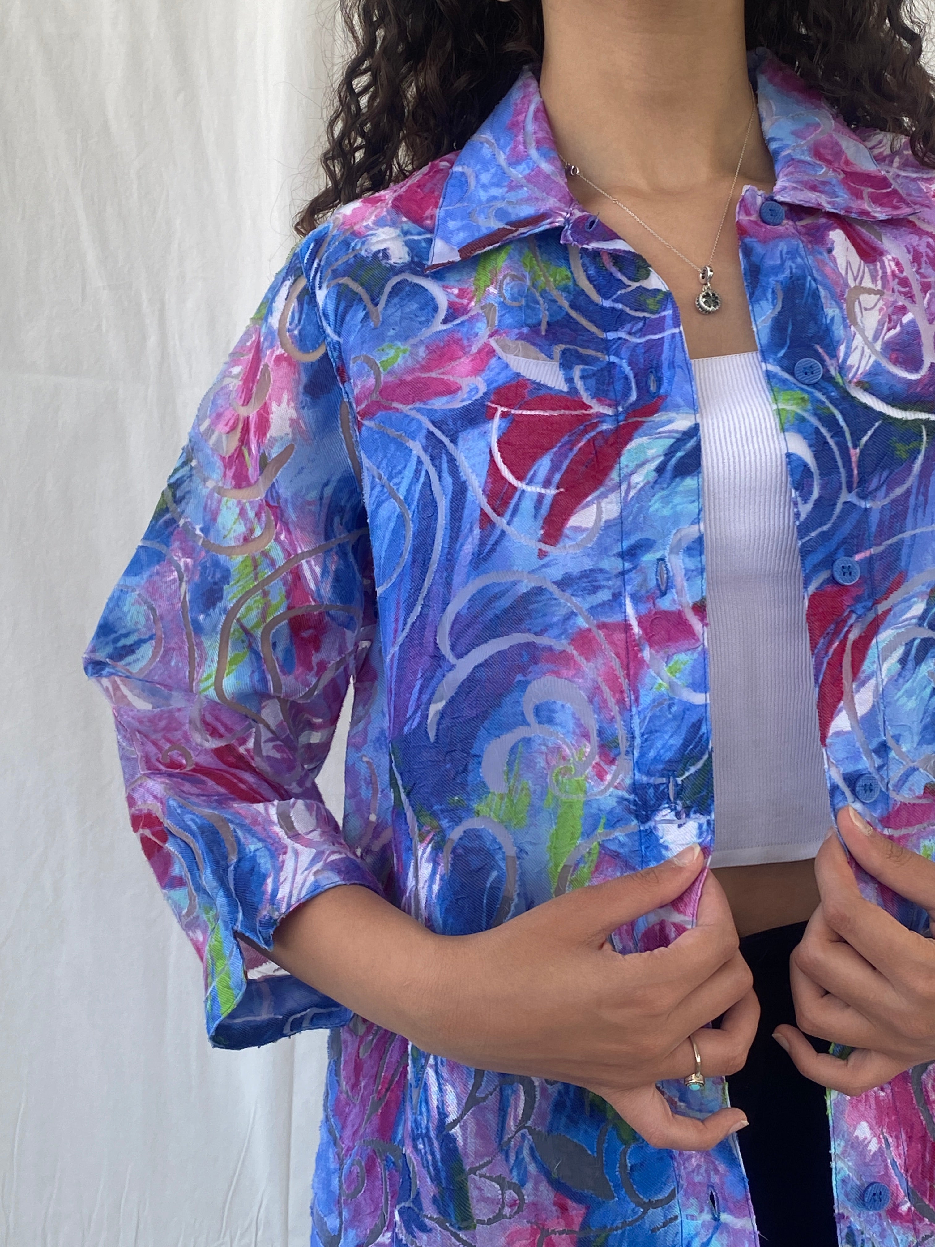 Vintage ALIA Floral Blue Pink Sheer Women’s 3/4 Sleeve Shirt - M