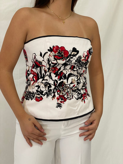 Y2K White House Black Market Floral Corset Strapless White Red Black Top - L