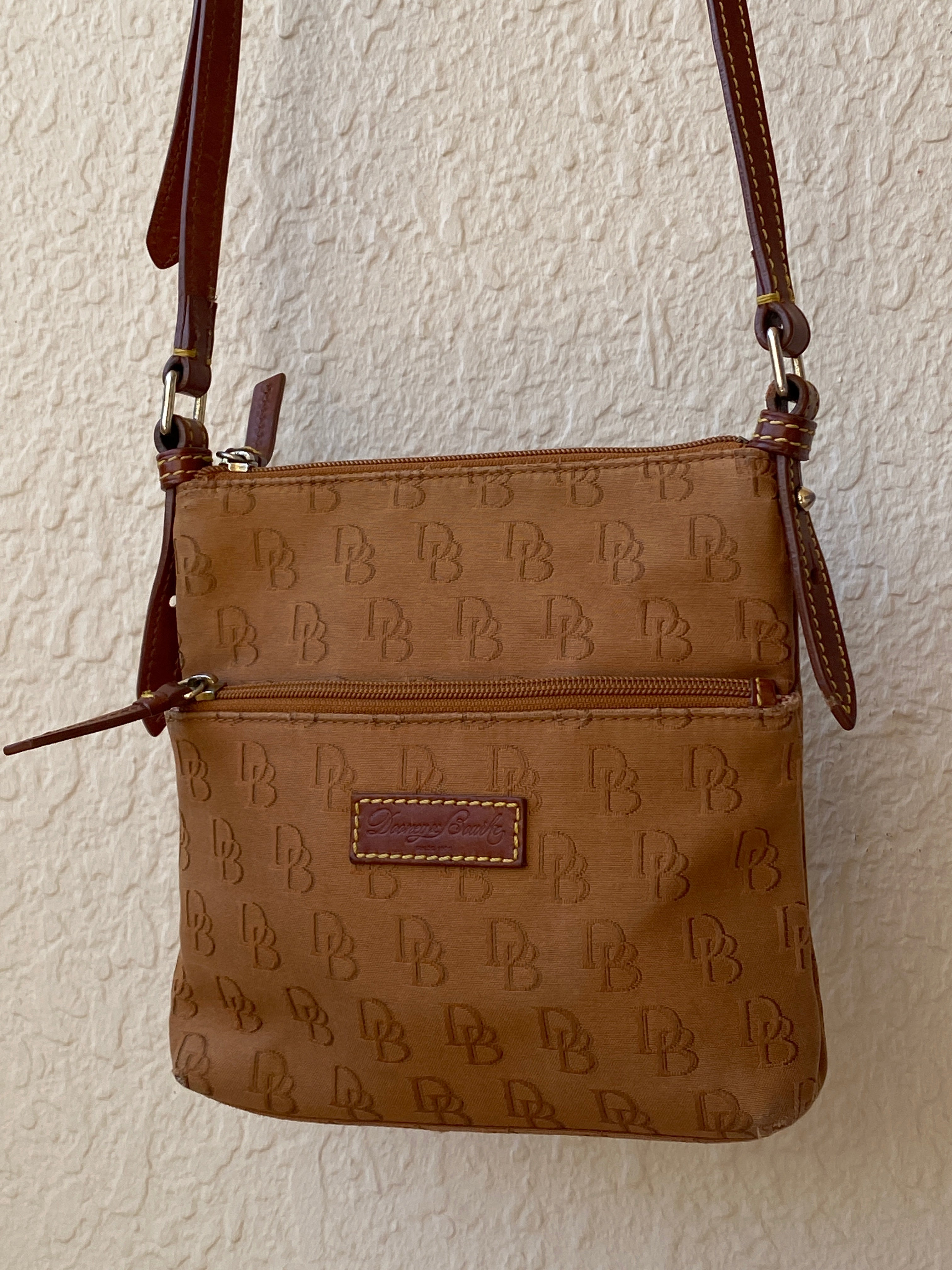 Dooney & Bourke Brown Logo Monogram Crossbody Bag with Leather Trim