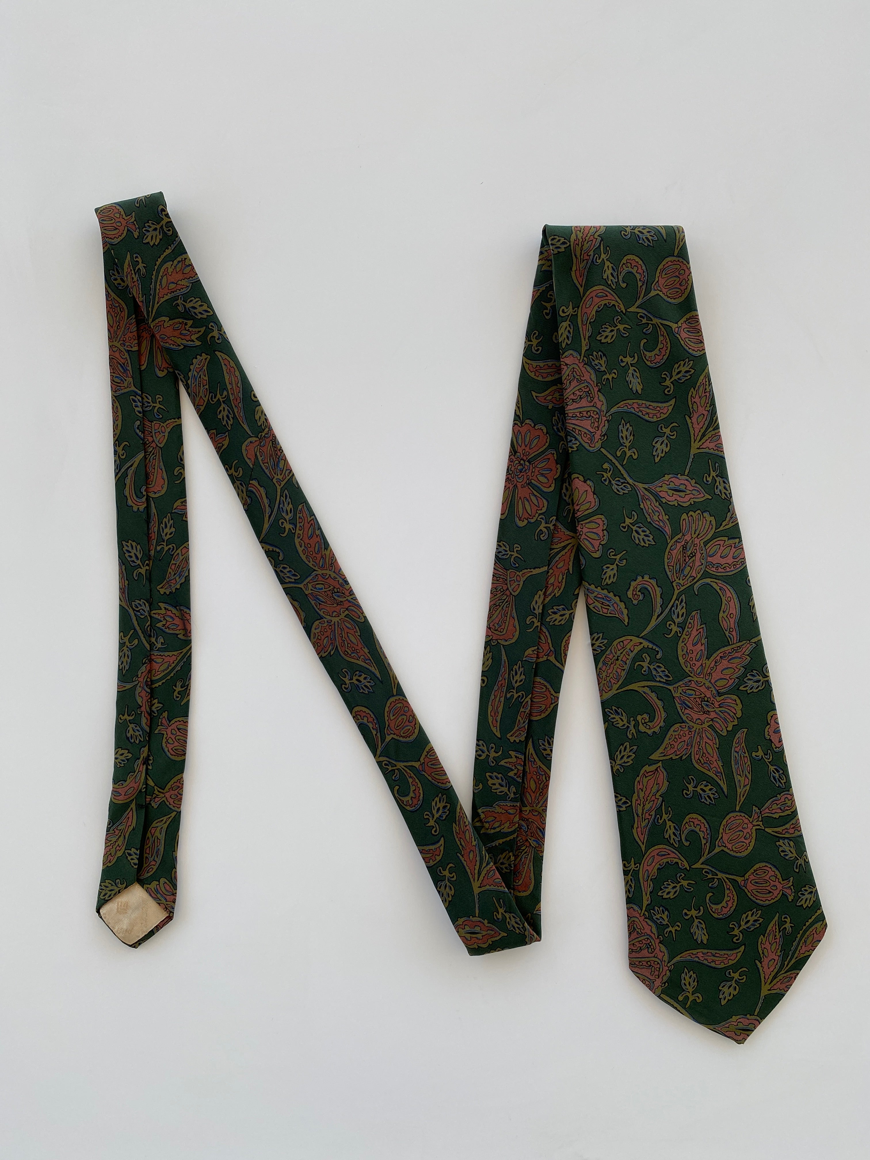 Vintage 80s Pierre Balmain Paris Men’s Green Paisley Silk Neck Tie