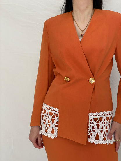 Statement Vintage Luigi Bruno Italian Orange Skirt Suit Set Tailored Blazer & Pencil Skirt - S