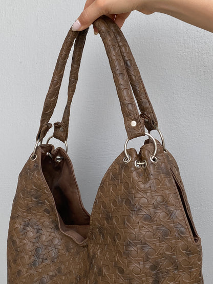 Vintage Y2K Brown Embossed Leather Hobo Bag Woven Texture Slouchy Shoulder Bag