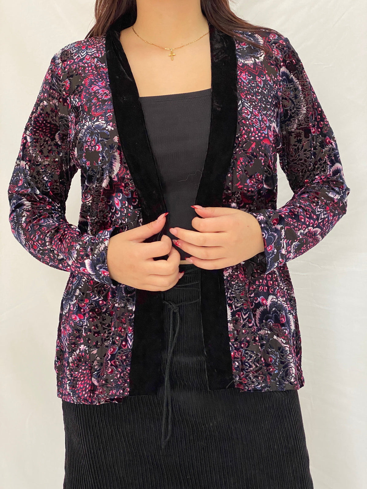 Vintage Millers Black Velvet Floral Paisley Open-Front Cardigan - L Vintage Millers Black Velvet Floral Paisley Open-Front Cardigan - L
