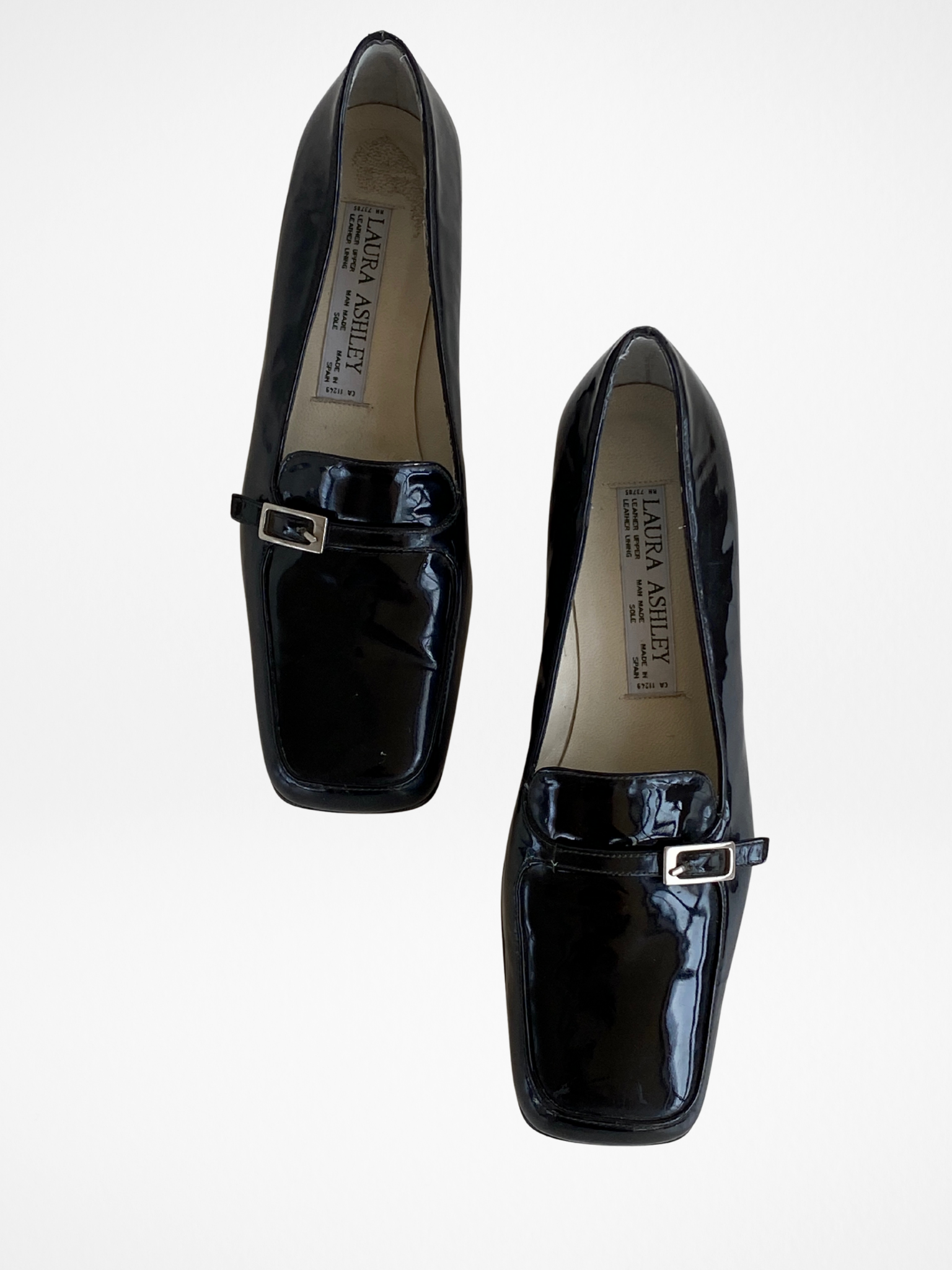 Vintage Laura Ashley Black Patent Leather Loafers with Buckle Detail – Women’s Size 38EU