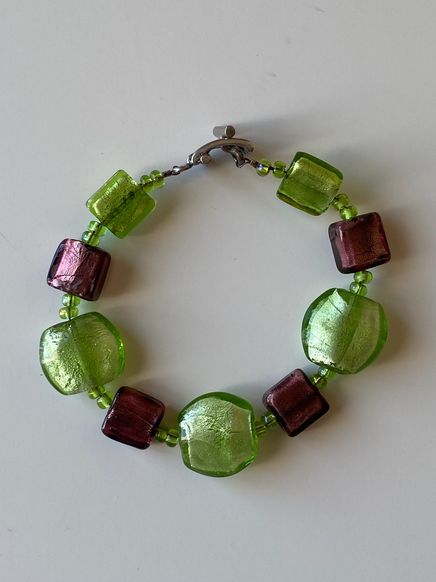 Vintage Lampwork Glass Bead Bracelet Green & Plum Artisan Beads with Toggle Clasp