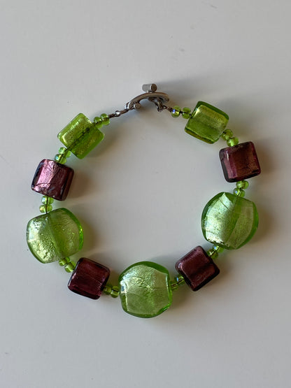 Vintage Lampwork Glass Bead Bracelet Green & Plum Artisan Beads with Toggle Clasp