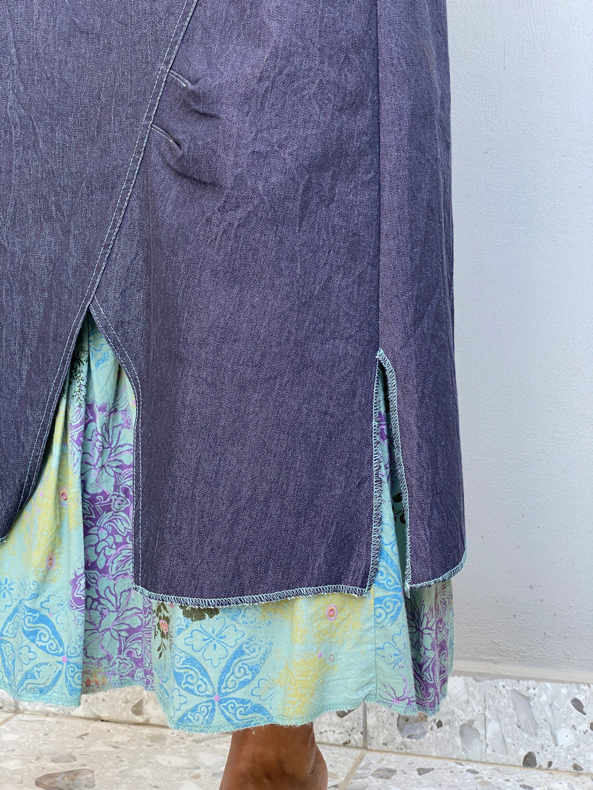 Vintage Y2K Renato Bene Paris Chambray Overlay Floral Midi Skirt Asymmetrical Layered Boho Skirt - S Vintage Y2K Renato Bene Paris Chambray Overlay Floral Midi Skirt Asymmetrical Layered Boho Skirt - S