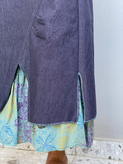 Vintage Y2K Renato Bene Paris Chambray Overlay Floral Midi Skirt Asymmetrical Layered Boho Skirt - S