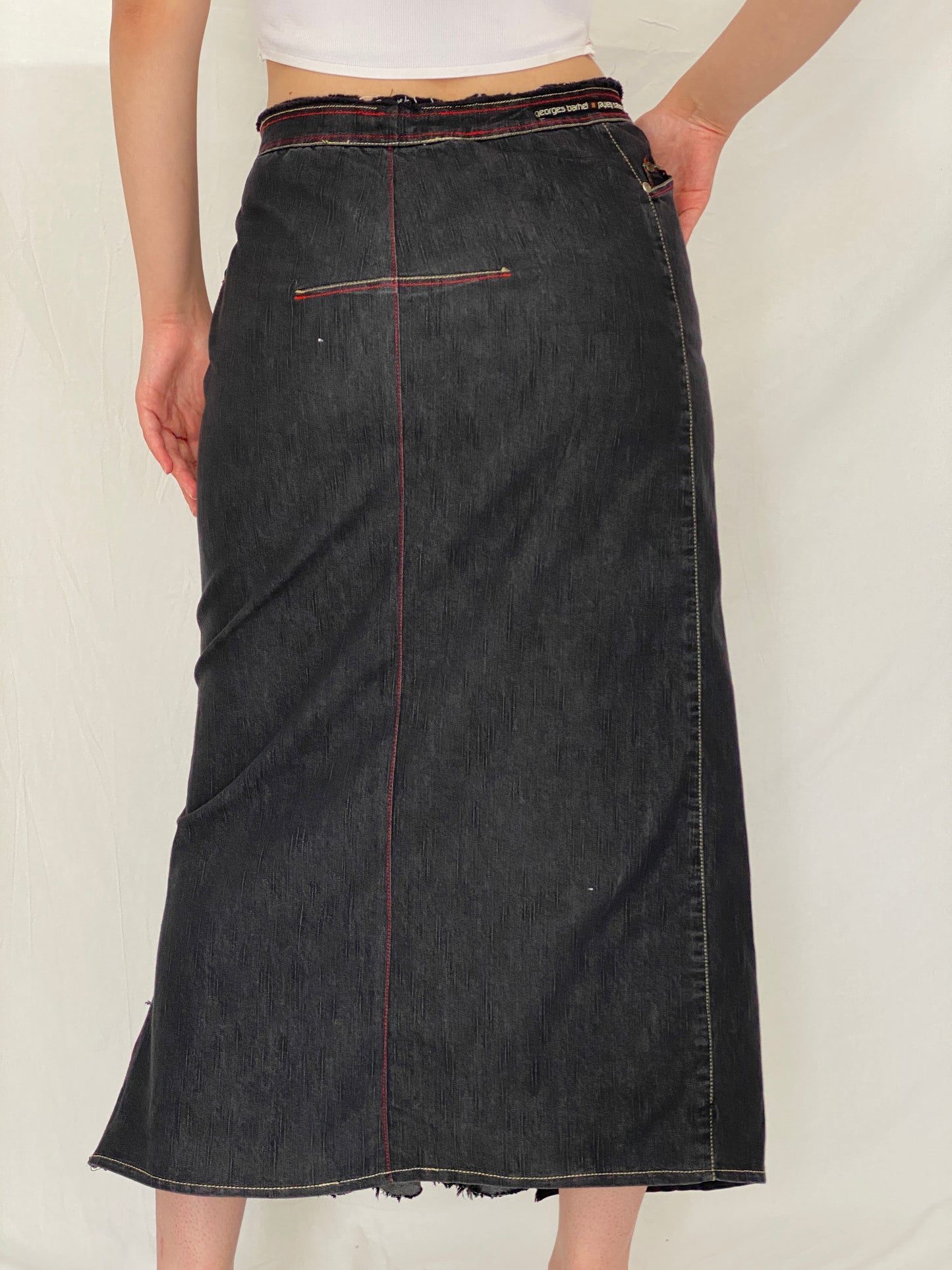 Vintage Y2K Georges Barhel Black Denim Patchwork Maxi Skirt - L