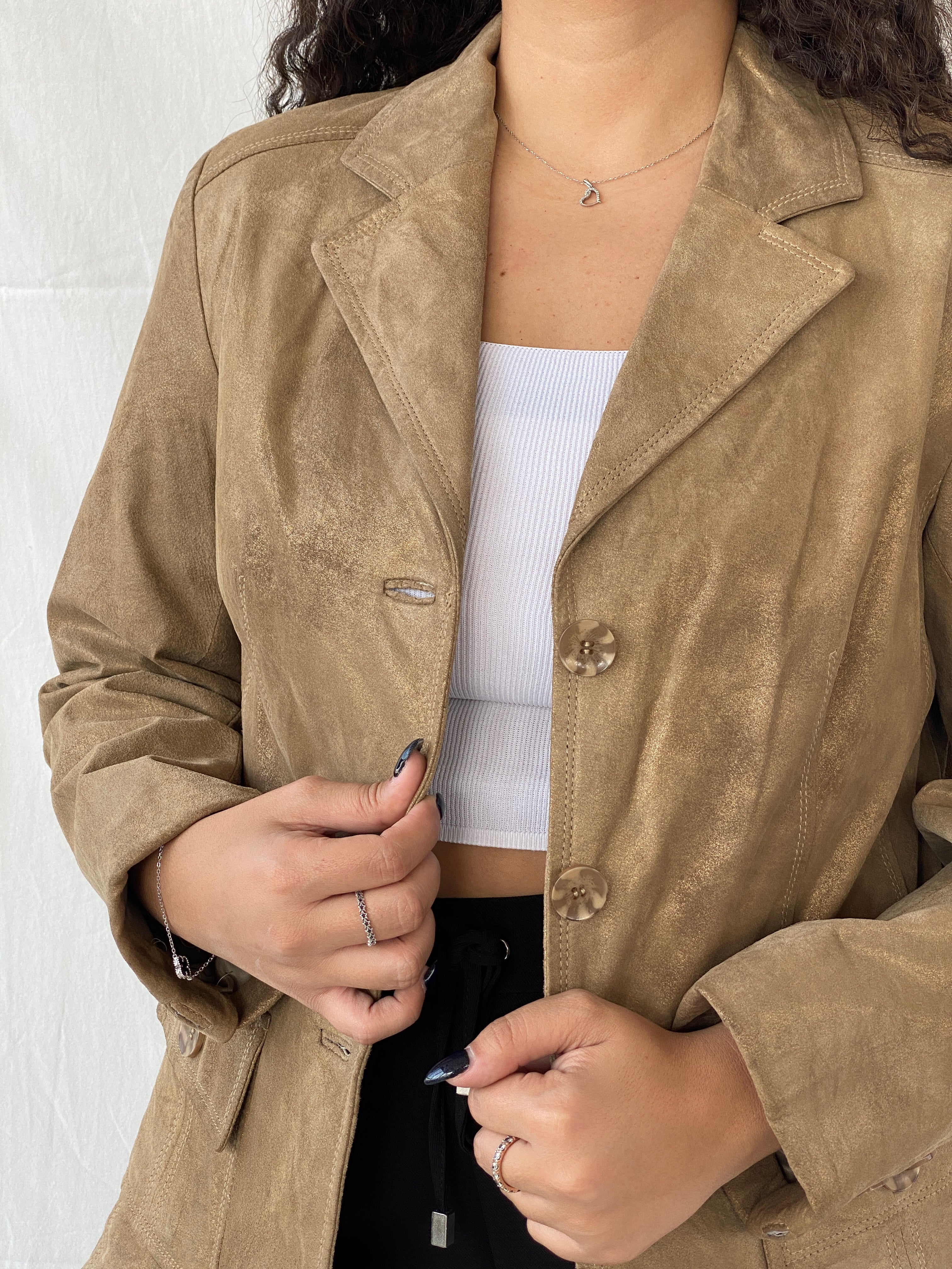 Vintage Genuine Suede Leather Gold Blazer Jacket - L