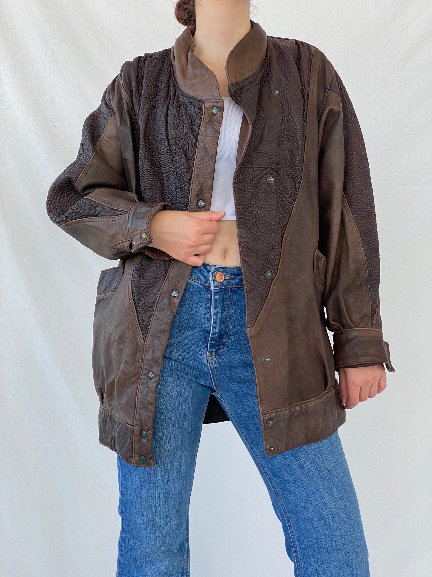 Vintage Brown Genuine Leather Cow Girl Coat with Ruched Details - M