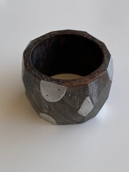 Vintage 1980s–90s Brown Wood & Silver-Tone Geometric Statement Bangle