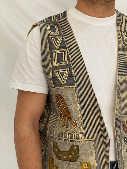 Vintage Africa Cloth Tribal Print Cotton Vest Beige Grey African Art Tapestry Vest - XL