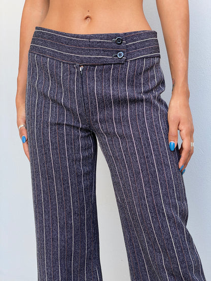 Vintage Y2K Grey Pinstripe Cropped Wide Leg Trousers Low Rise Office Siren Pants - S