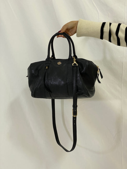 Tory Burch Marion Black Pebbled Leather Satchel Bowler Bag with Gold Hardware