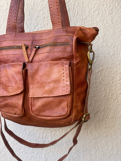 Vintage 5th Avenue Distressed Leather Multi-Pocket Convertible Tote Bag