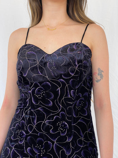 90s Be Smart Black and Purple Floral Velvet Strappy Dress - M