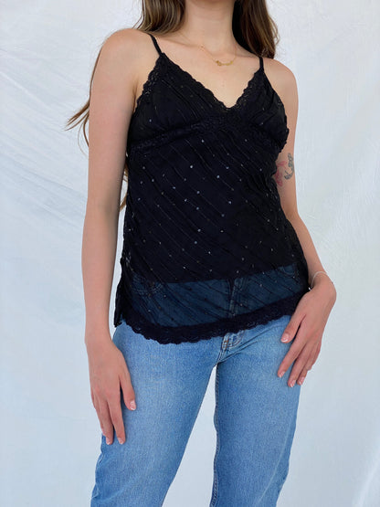 Vintage 90s Fire Los Angeles Sequin Black Lace Trim Cami Top - S