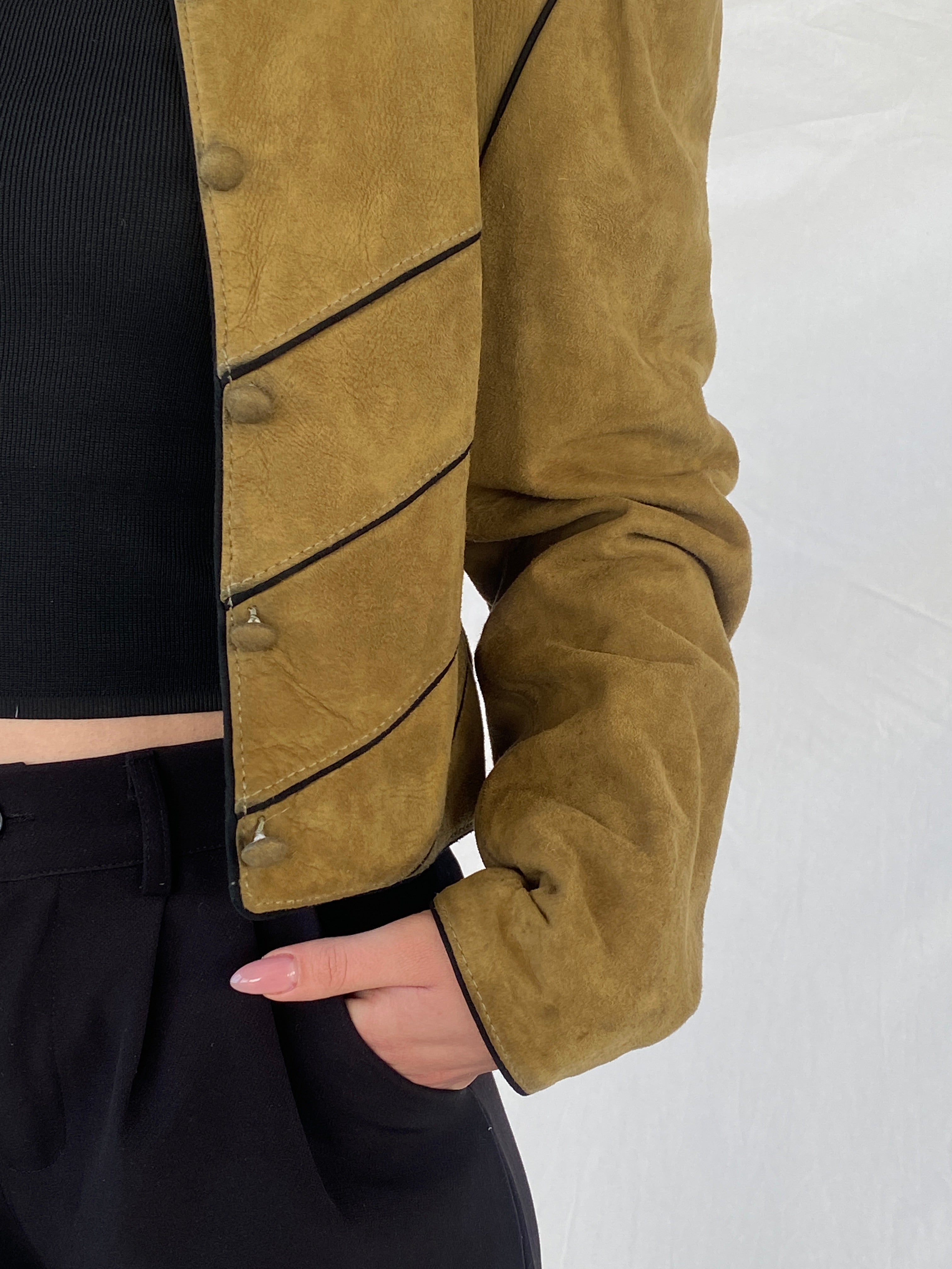 Vintage Olive Green Suede Trachten Buttoned Blazer Jacket - M