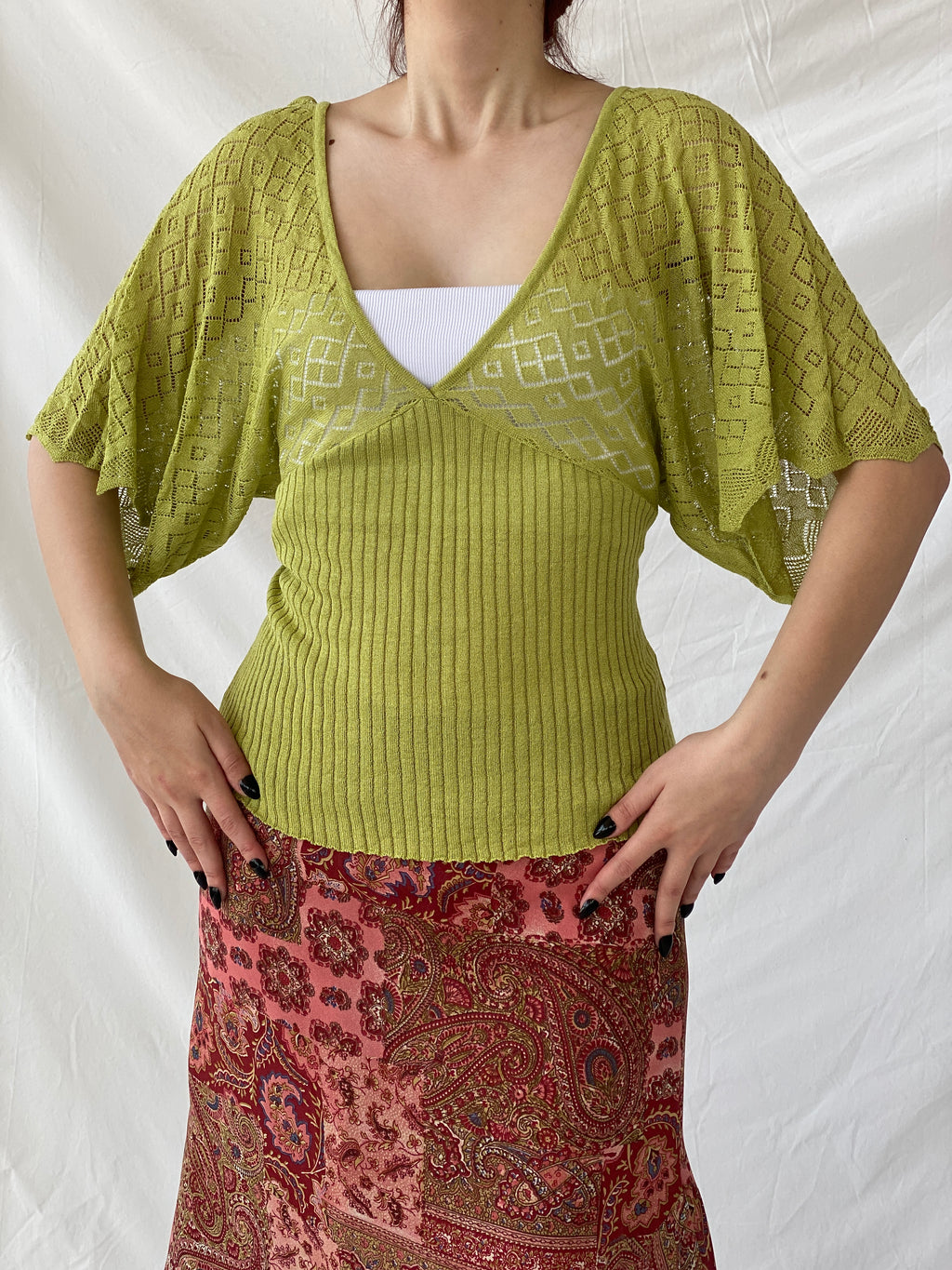 Y2K C.C.S Sarar Knitted See Through Green V-Neck Blouse - L