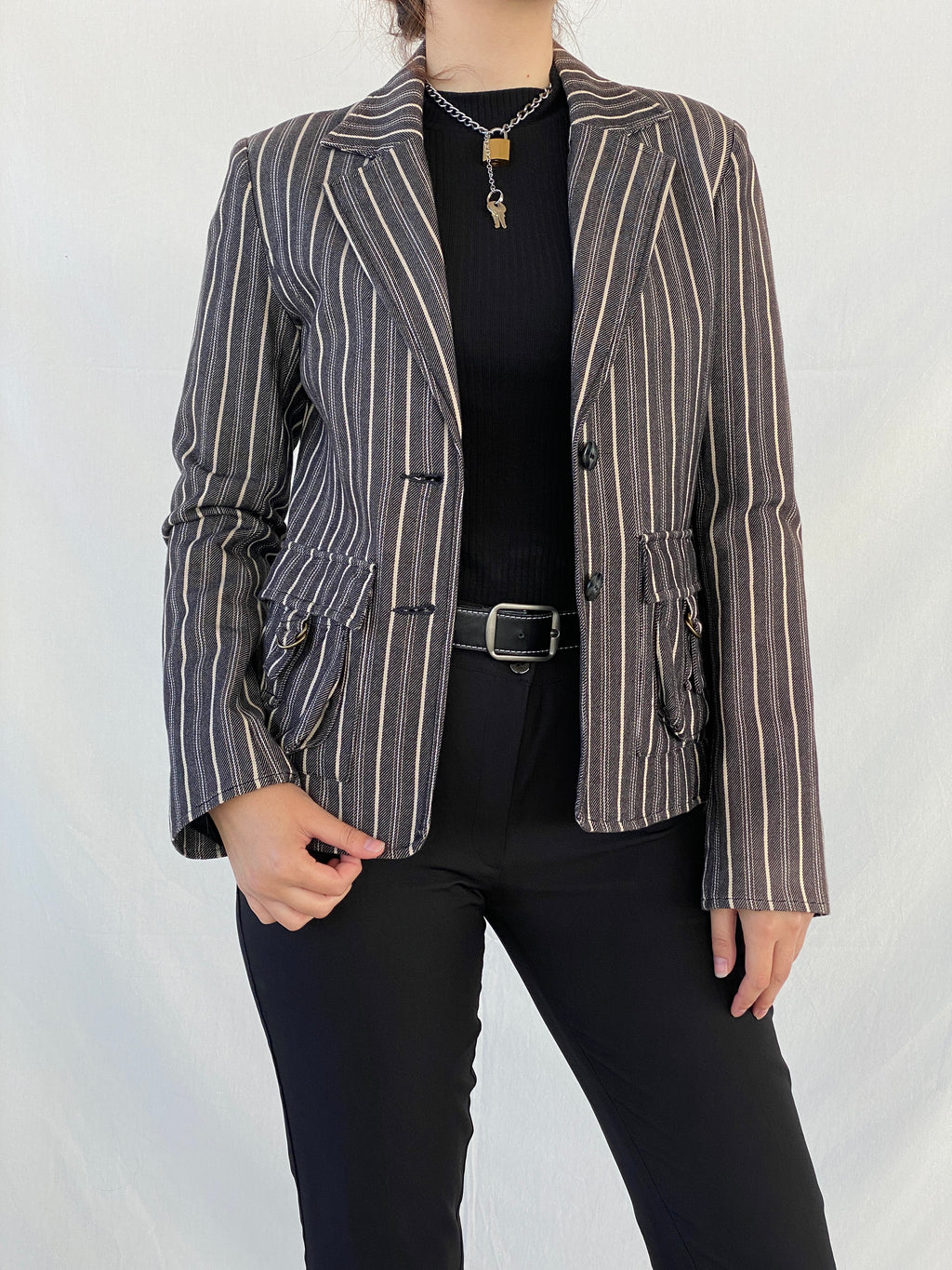 00s Vila Clothes Striped Black and White Women’s Cotton Blazer - L